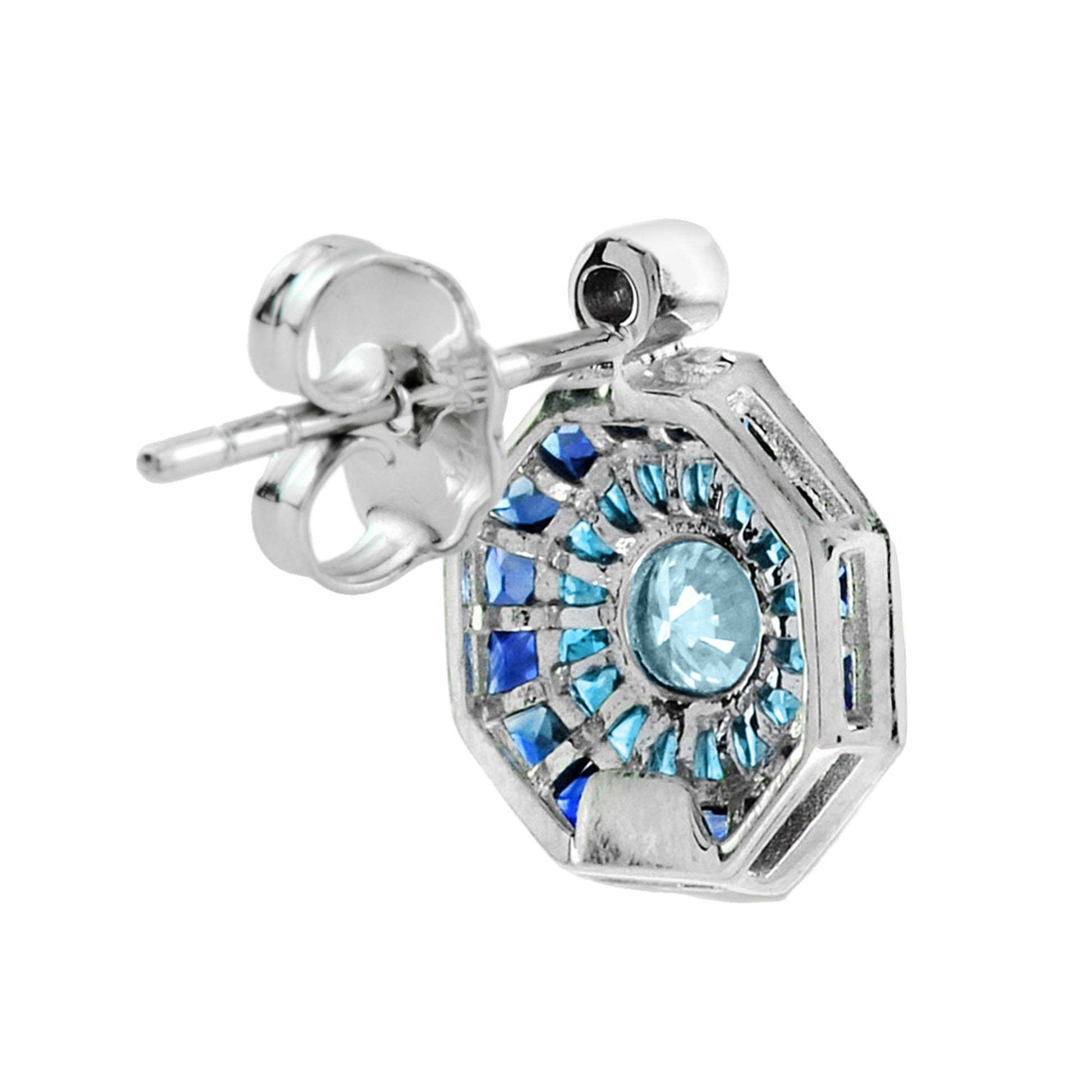 Aquamarine London Blue Topaz & Sapphire Art Deco Style White Gold Stud Earrings