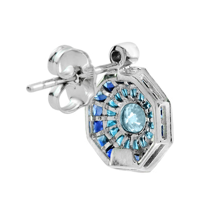 Aquamarine London Blue Topaz & Sapphire Art Deco Style White Gold Stud Earrings