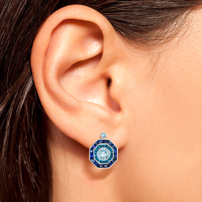 Aquamarine London Blue Topaz & Sapphire Art Deco Style White Gold Stud Earrings