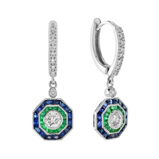 Art Deco Style Diamond with Emerald Sapphire Octagonal Stud 14K White Gold Ring