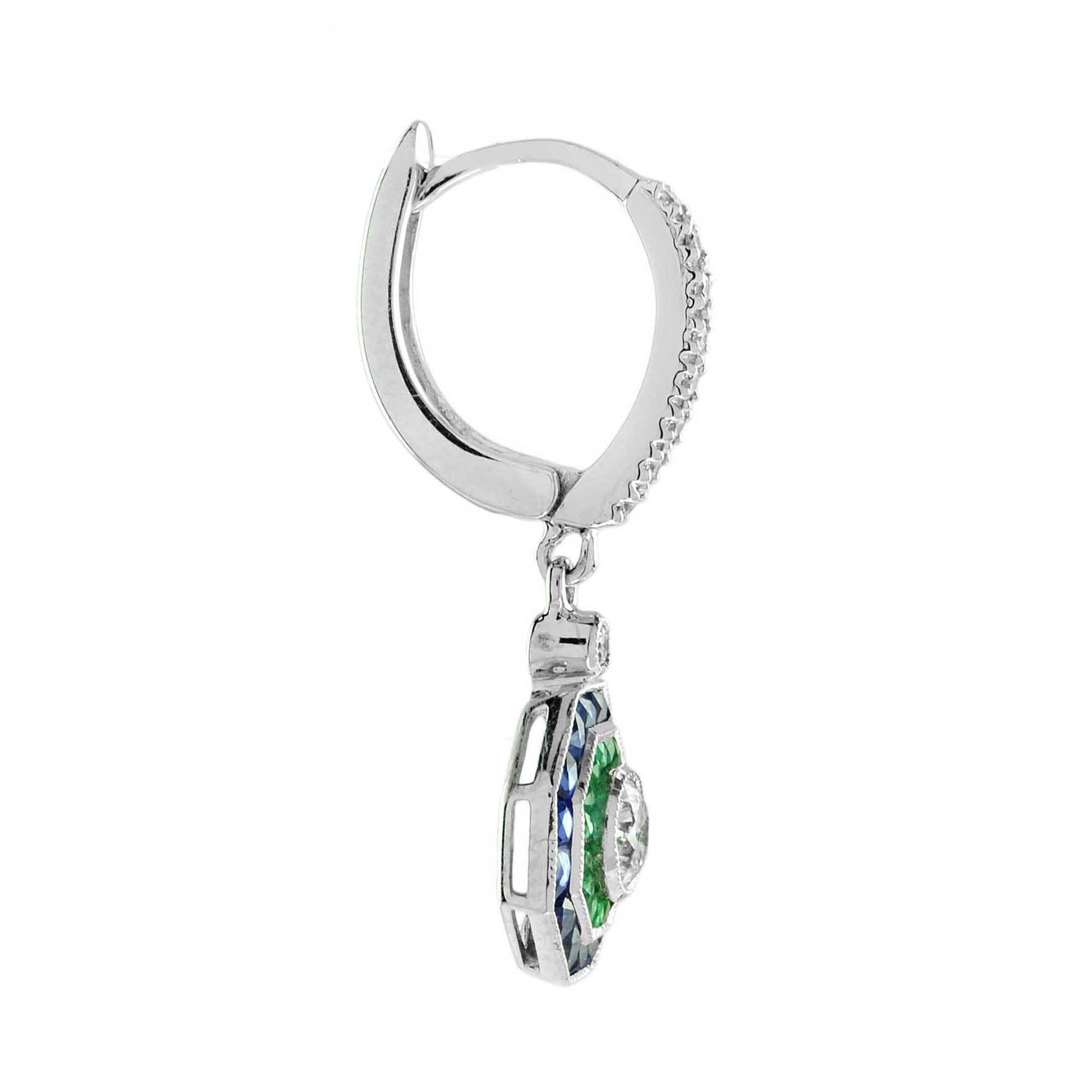 Art Deco Style Diamond with Emerald Sapphire Octagonal Stud 14K White Gold Ring