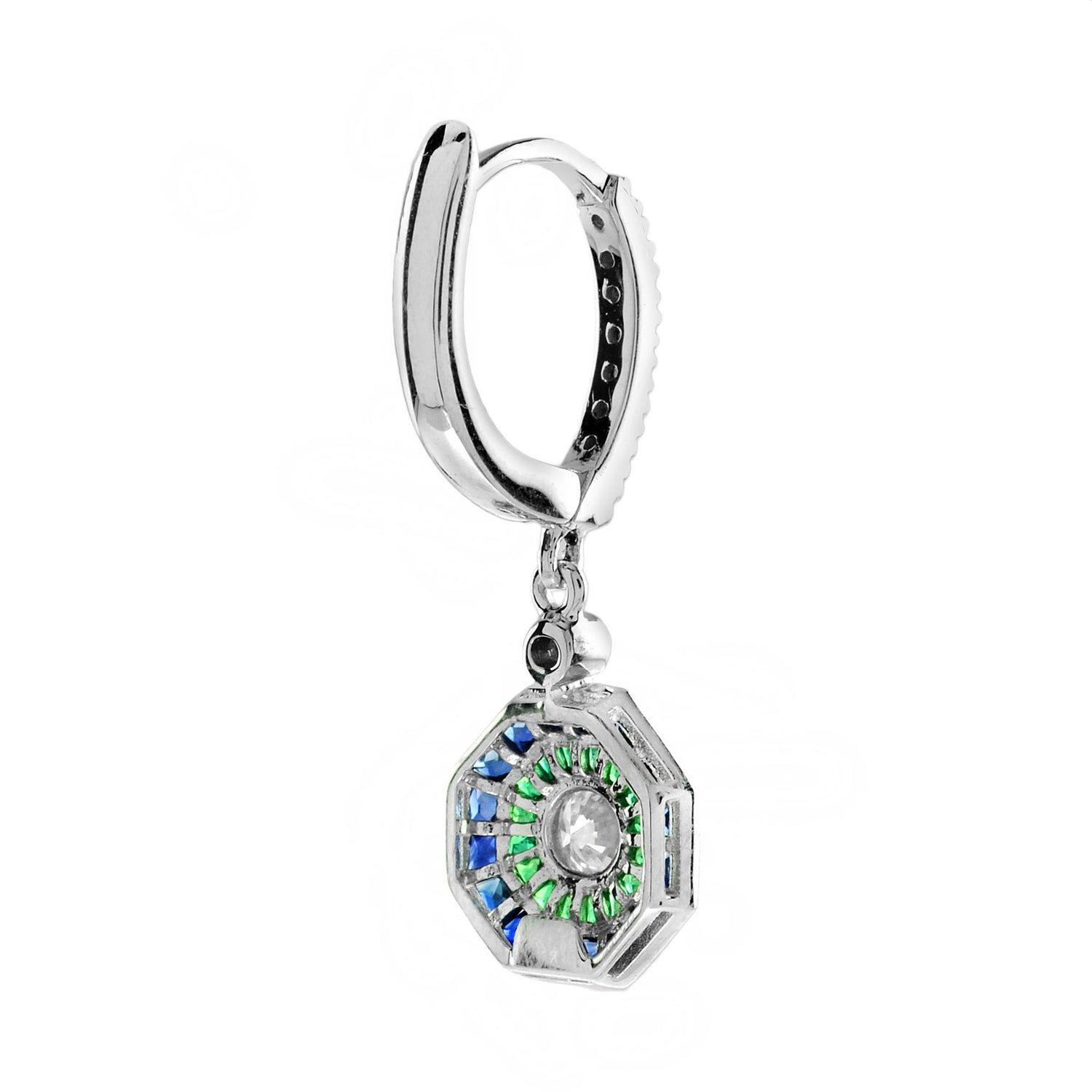 Art Deco Style Diamond with Emerald Sapphire Octagonal Stud 14K White Gold Ring