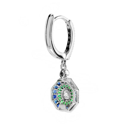 Art Deco Style Diamond with Emerald Sapphire Octagonal Stud 14K White Gold Ring