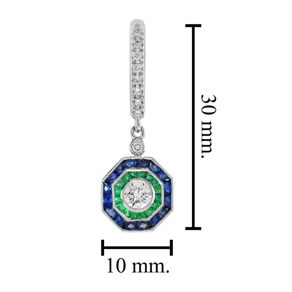 Art Deco Style Diamond with Emerald Sapphire Octagonal Stud 14K White Gold Ring