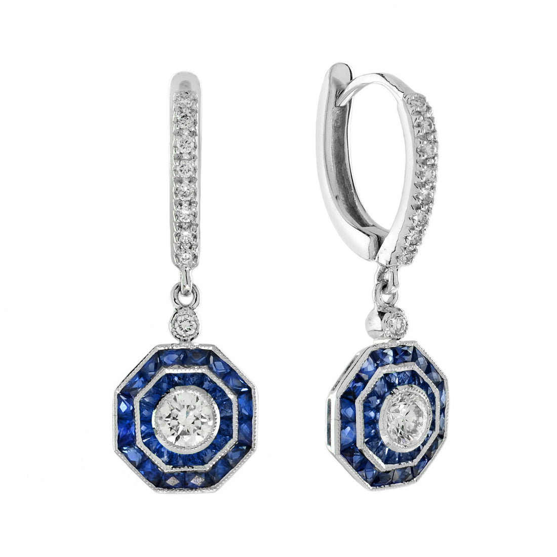Diamond & Blue Sapphire Art Deco Style Drop 14K White Gold Earrings