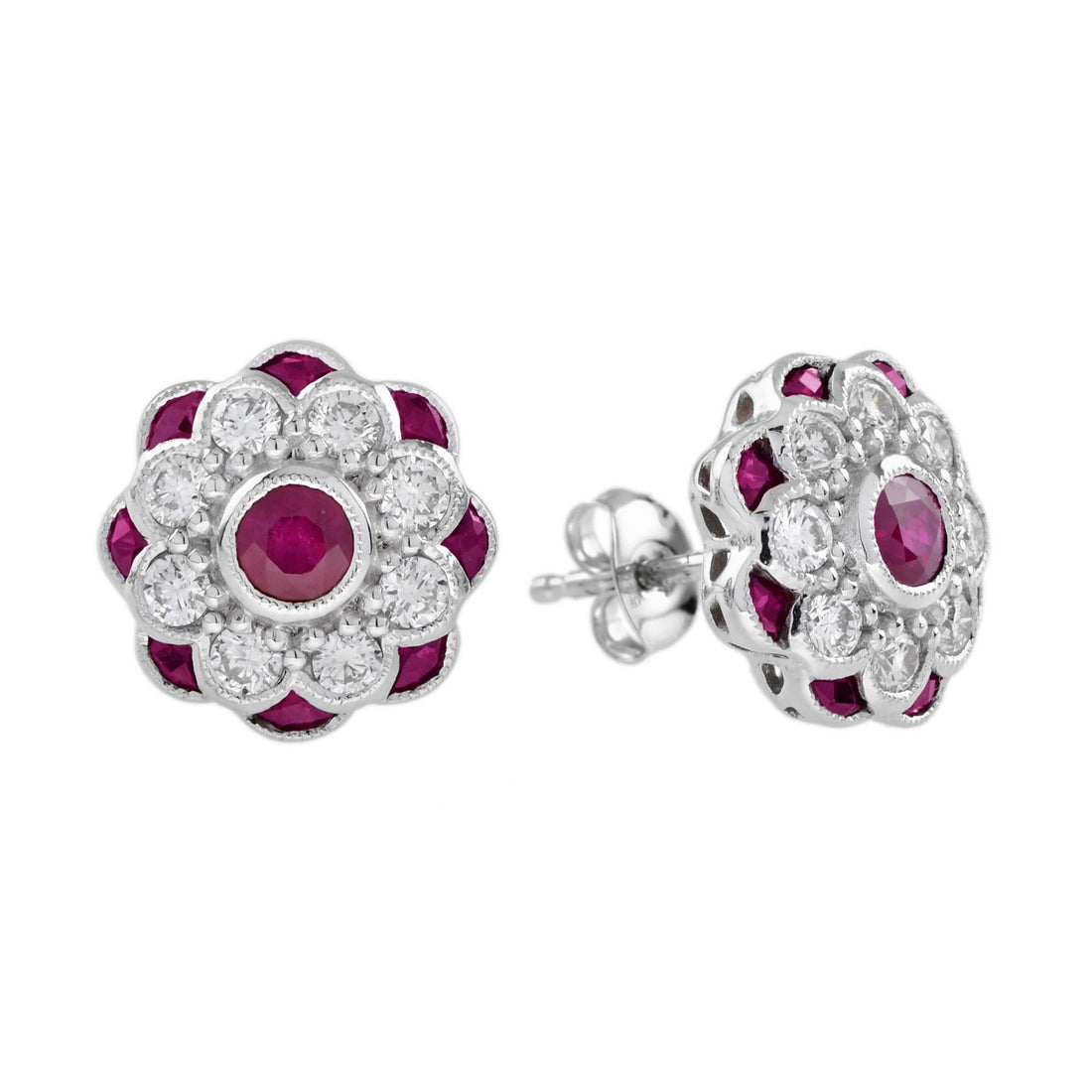 Red Pink Ruby & Diamond Peony Floral Round Diamond 14K White Gold Stud Earrings