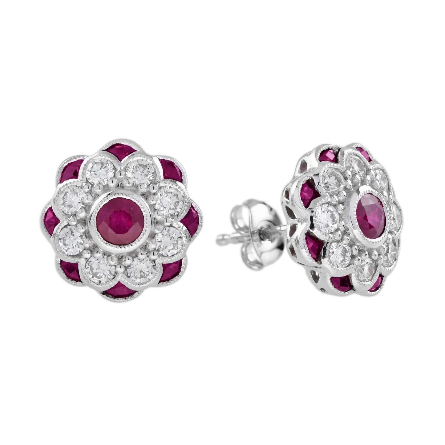 red pink ruby & diamond peony floral round diamond 14k white gold stud earrings