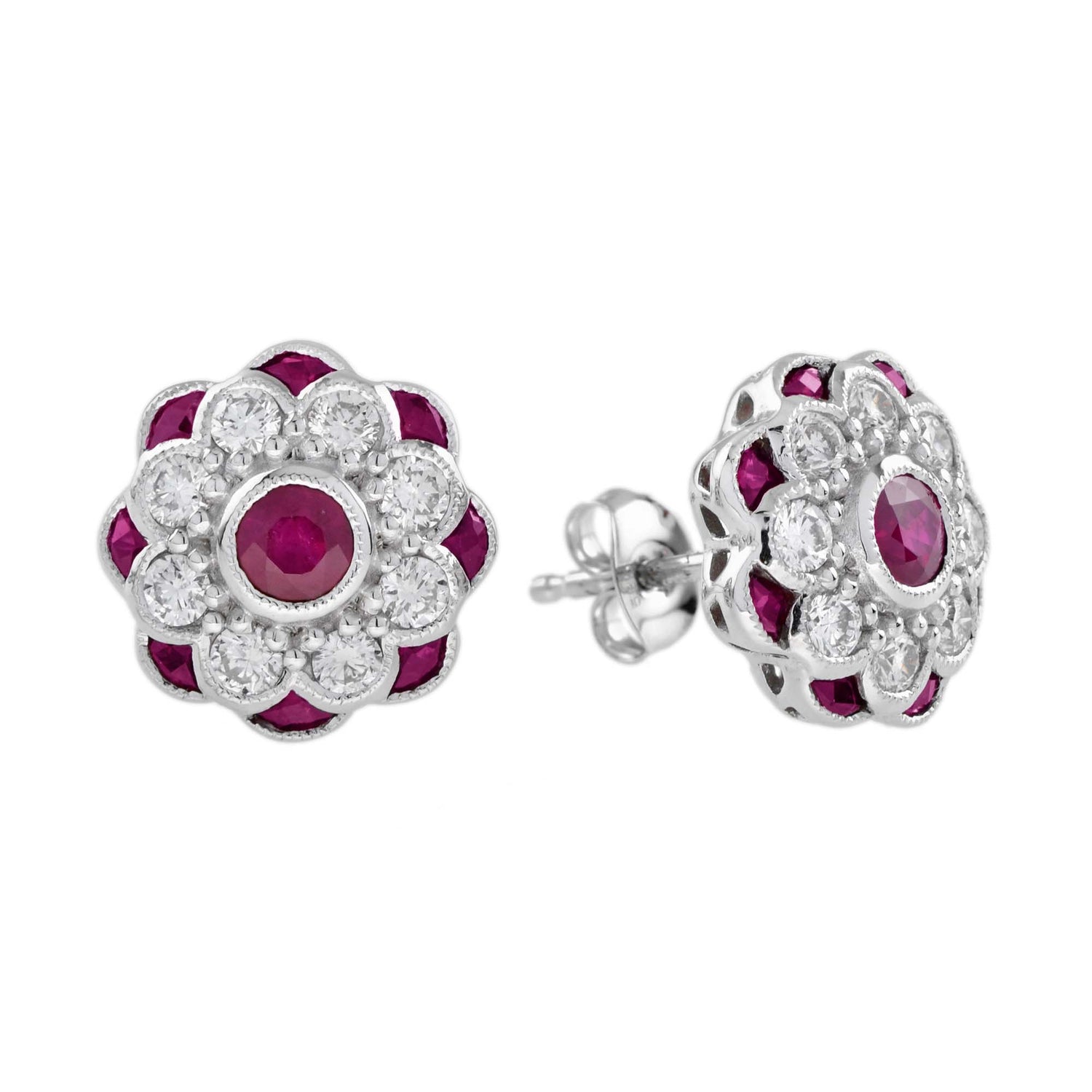 Red Pink Ruby &amp; Diamond Peony Floral Round Diamond 14K White Gold Stud Earrings