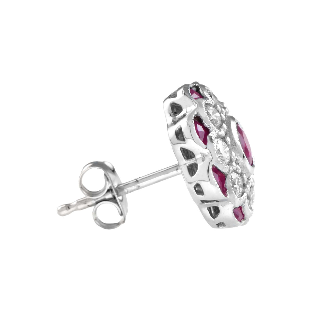 Red Pink Ruby & Diamond Peony Floral Round Diamond 14K White Gold Stud Earrings