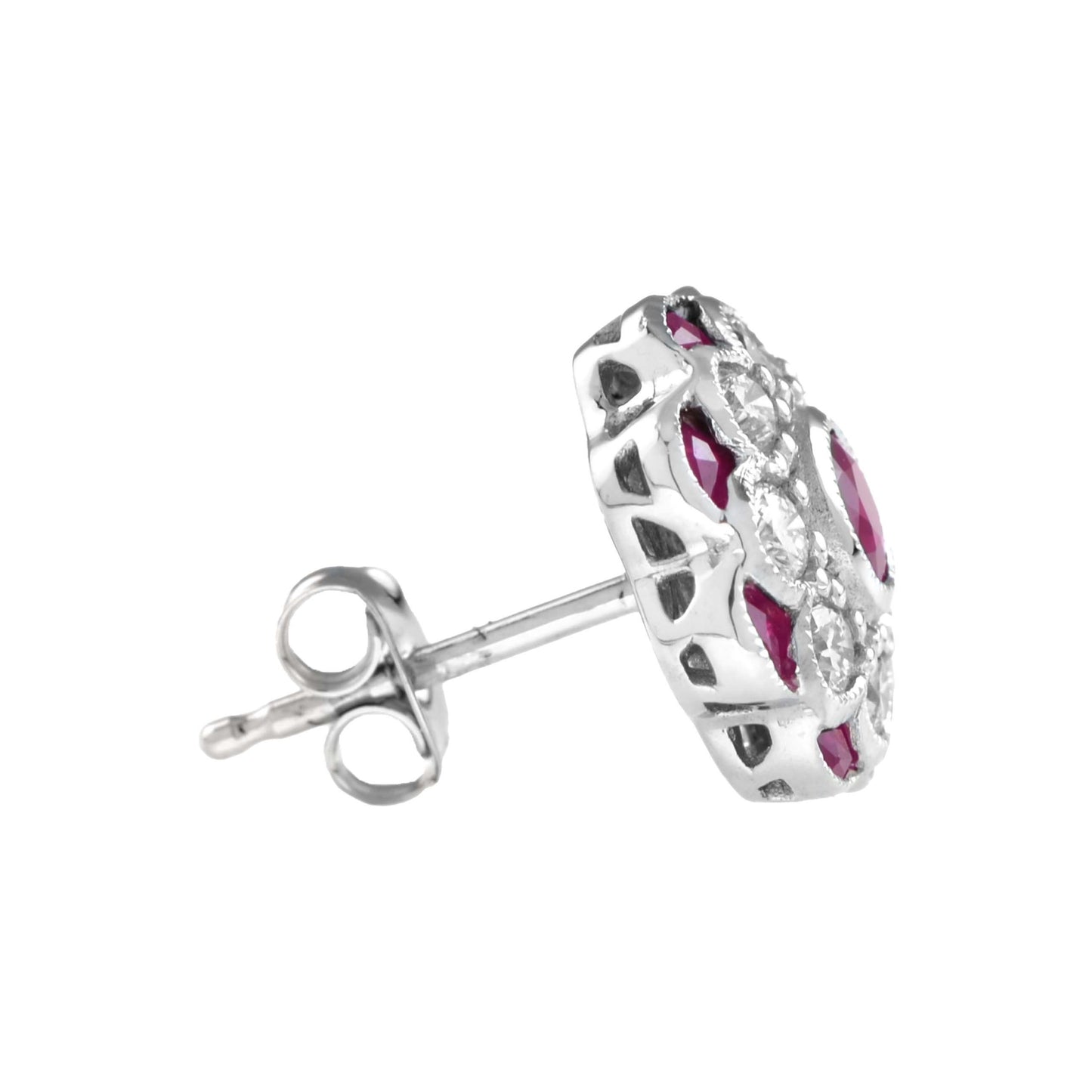 red pink ruby & diamond peony floral round diamond 14k white gold stud earrings