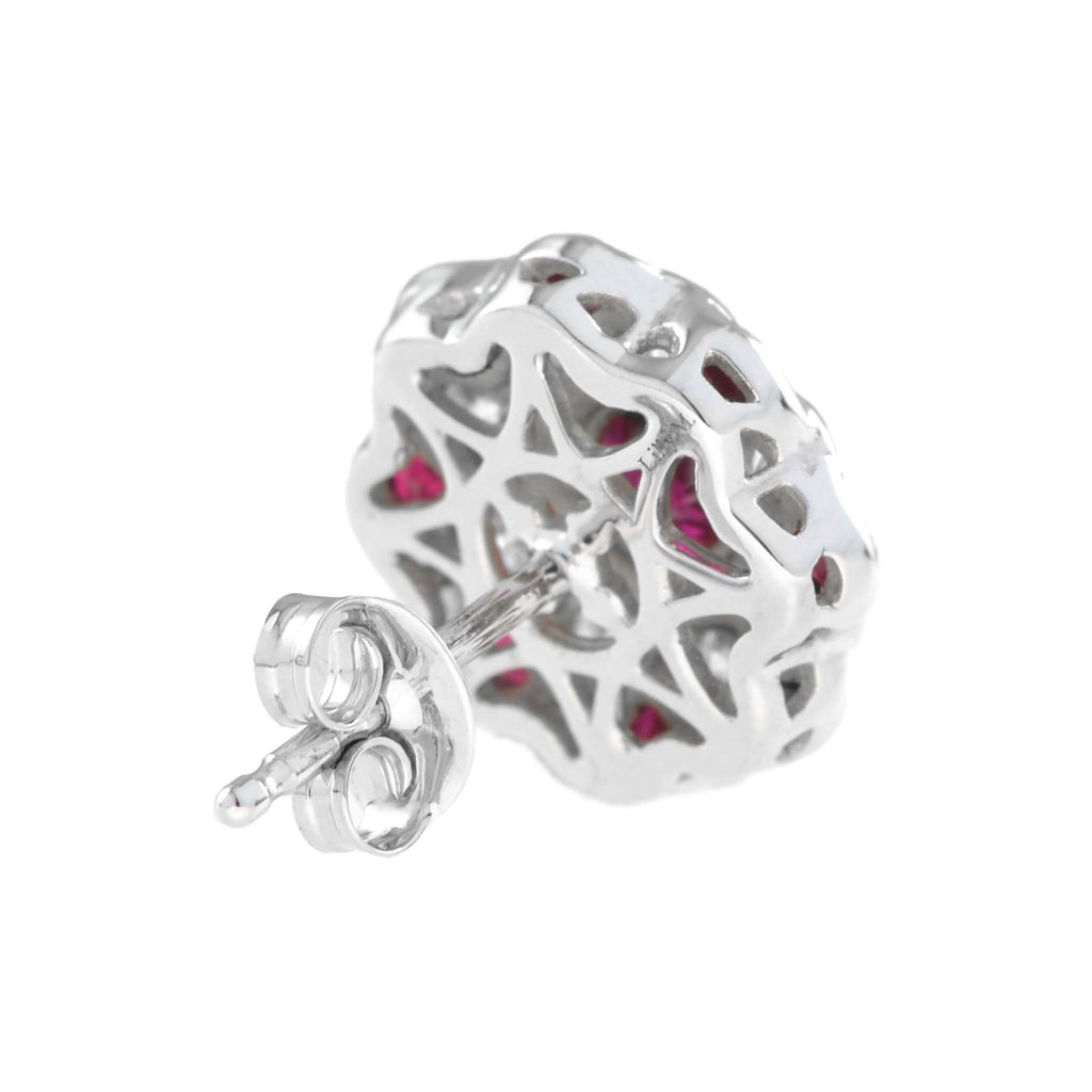 Red Pink Ruby & Diamond Peony Floral Round Diamond 14K White Gold Stud Earrings