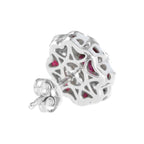 Red Pink Ruby & Diamond Peony Floral Round Diamond 14K White Gold Stud Earrings