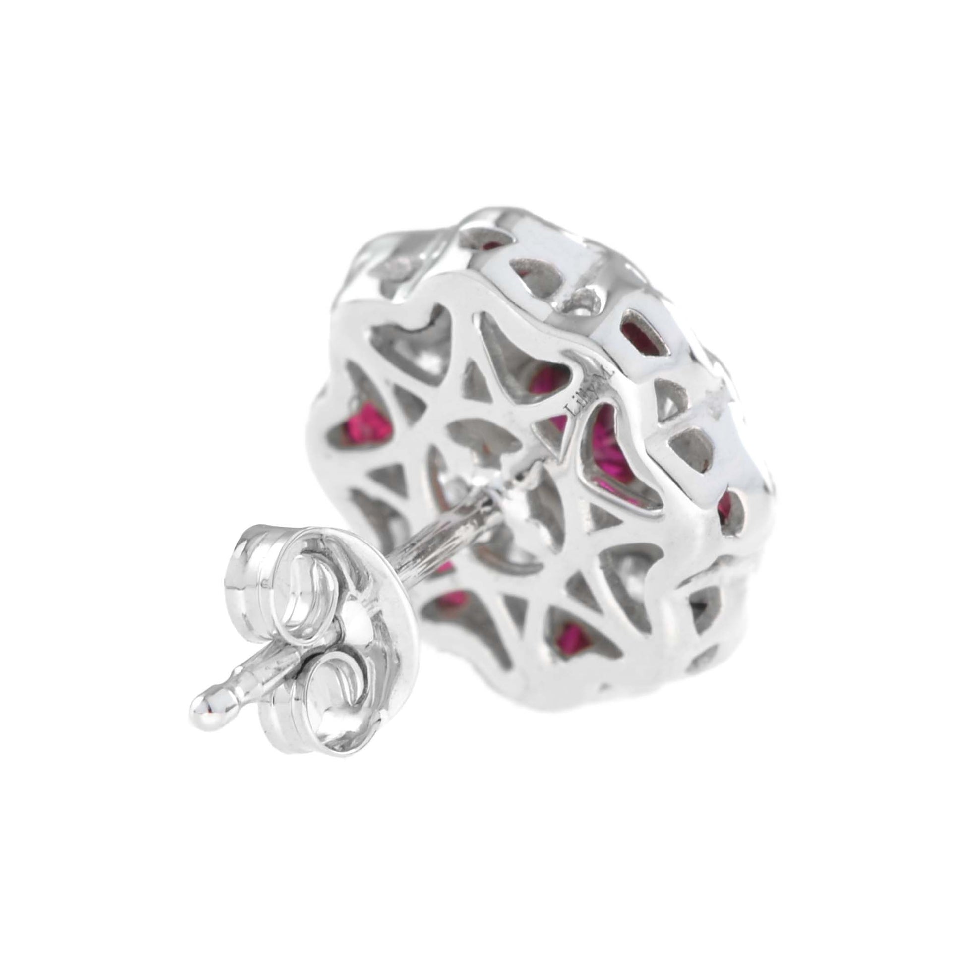 Red Pink Ruby & Diamond Peony Floral Round Diamond 14K White Gold Stud Earrings