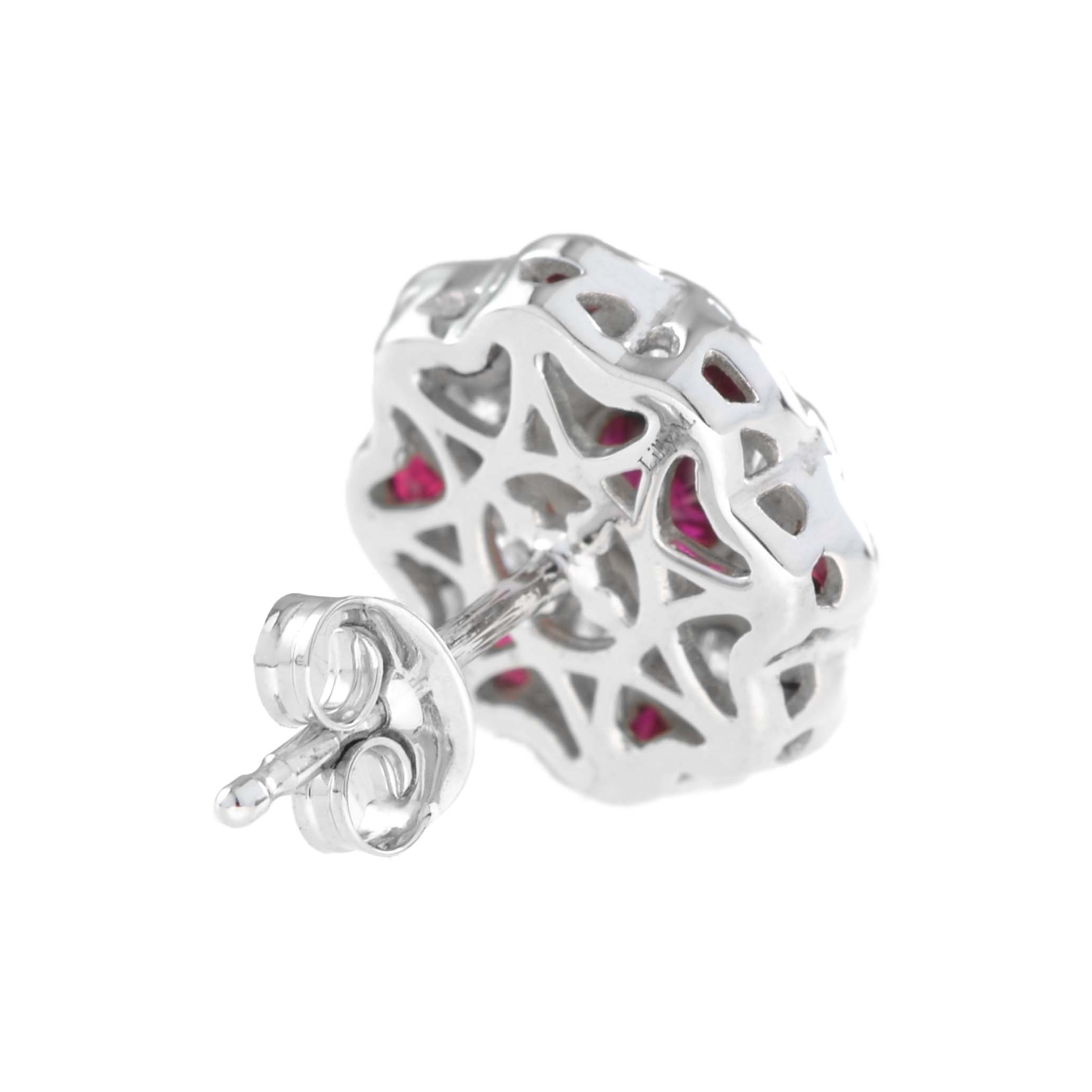 Red Pink Ruby &amp; Diamond Peony Floral Round Diamond 14K White Gold Stud Earrings