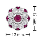 Red Pink Ruby & Diamond Peony Floral Round Diamond 14K White Gold Stud Earrings