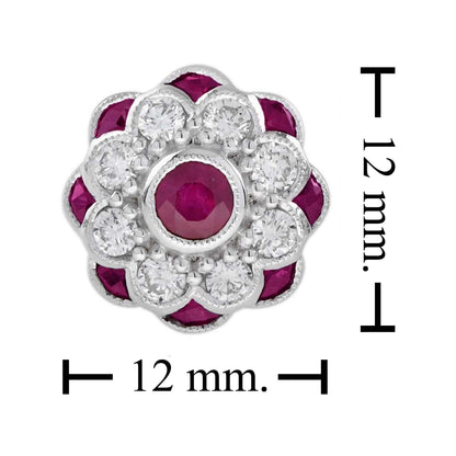 Red Pink Ruby & Diamond Peony Floral Round Diamond 14K White Gold Stud Earrings