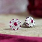 Red Pink Ruby & Diamond Peony Floral Round Diamond 14K White Gold Stud Earrings