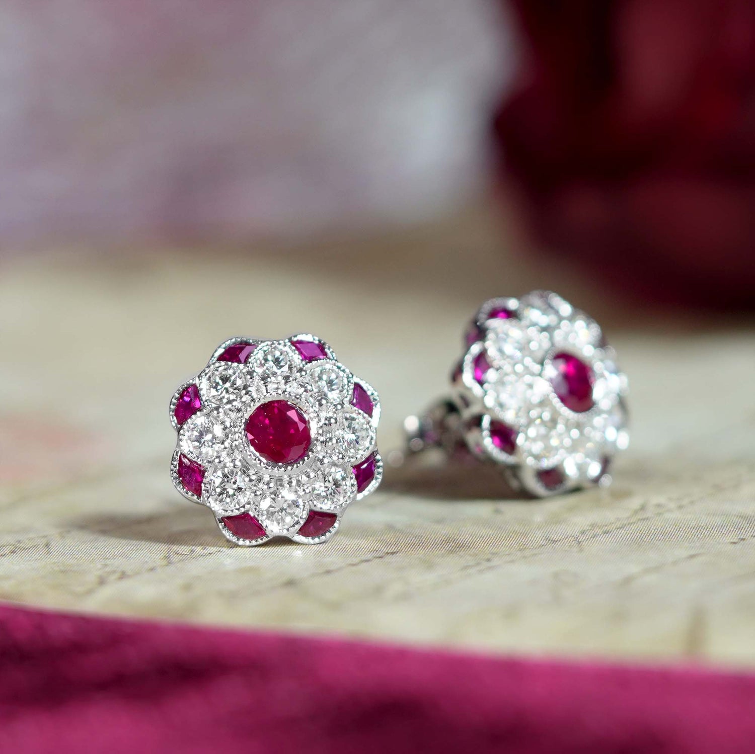 Red Pink Ruby &amp; Diamond Peony Floral Round Diamond 14K White Gold Stud Earrings