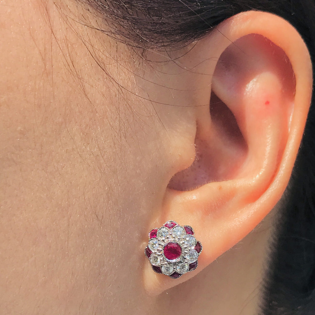 Red Pink Ruby & Diamond Peony Floral Round Diamond 14K White Gold Stud Earrings