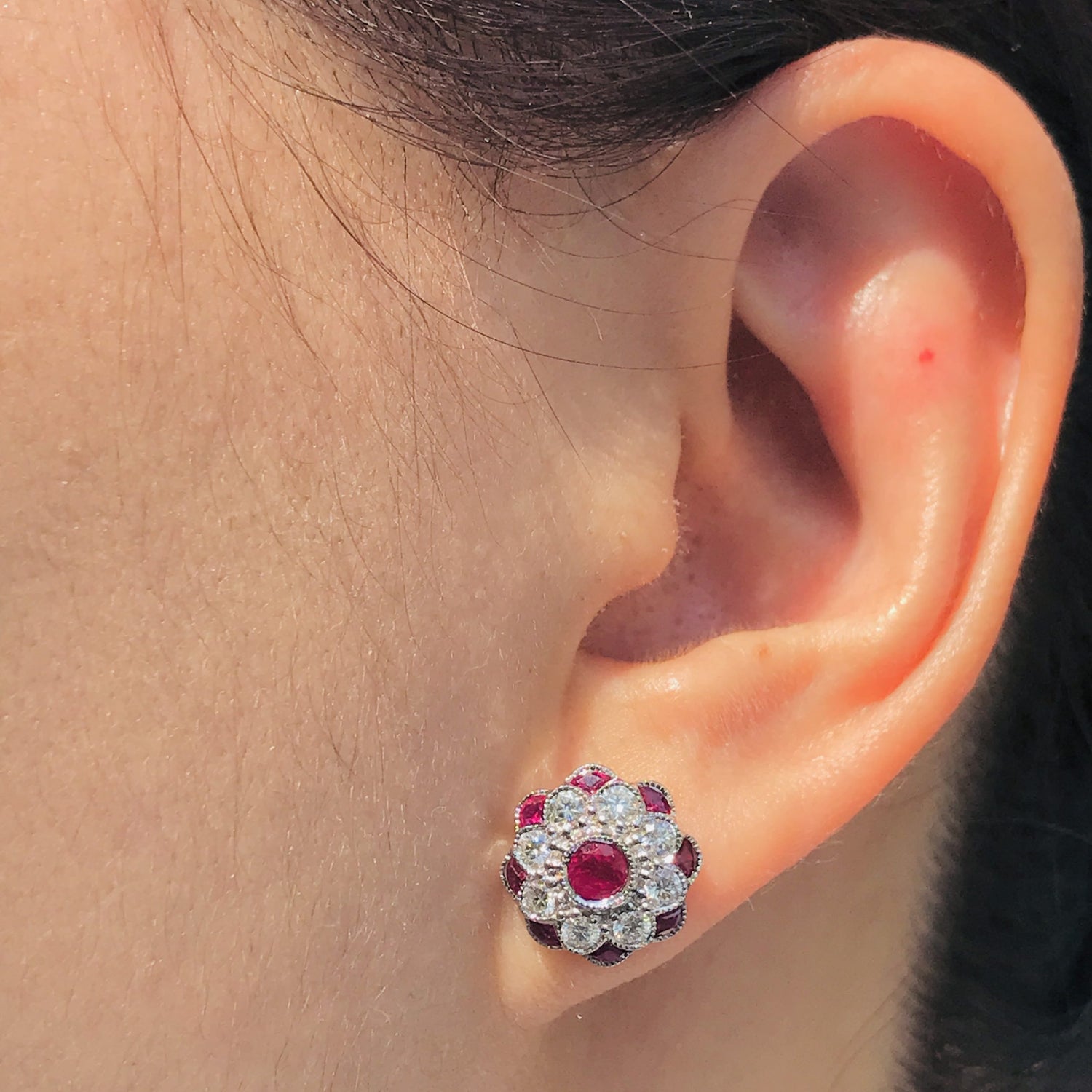 Red Pink Ruby &amp; Diamond Peony Floral Round Diamond 14K White Gold Stud Earrings
