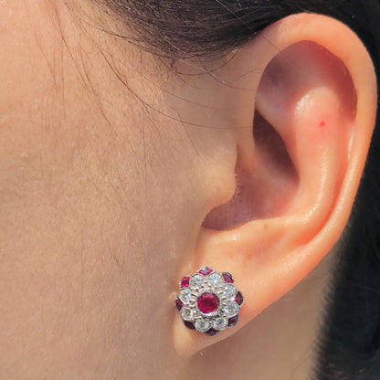 Red Pink Ruby & Diamond Peony Floral Round Diamond 14K White Gold Stud Earrings
