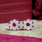 Red Pink Ruby & Diamond Peony Floral Round Diamond 14K White Gold Stud Earrings