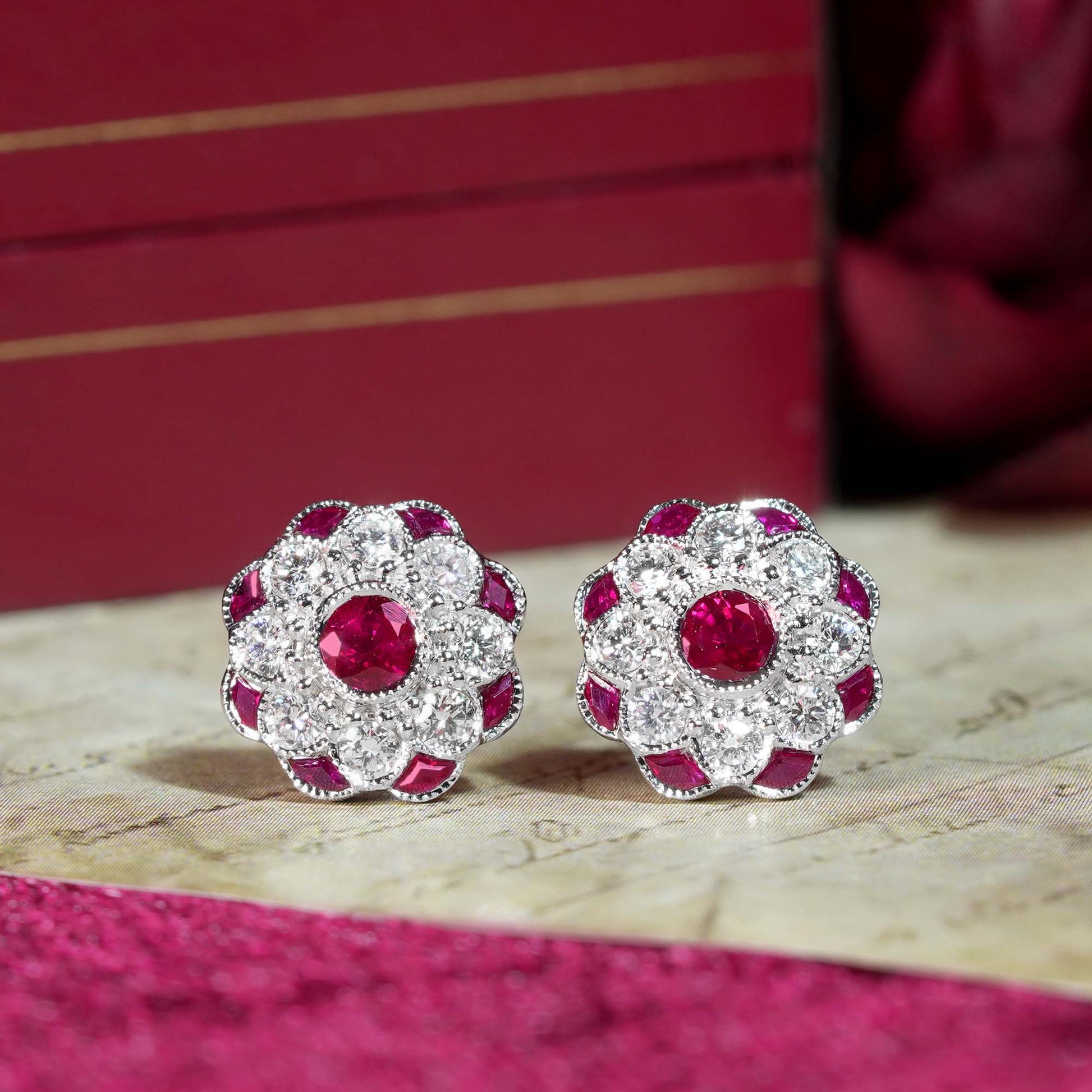 Red Pink Ruby & Diamond Peony Floral Round Diamond 14K White Gold Stud Earrings