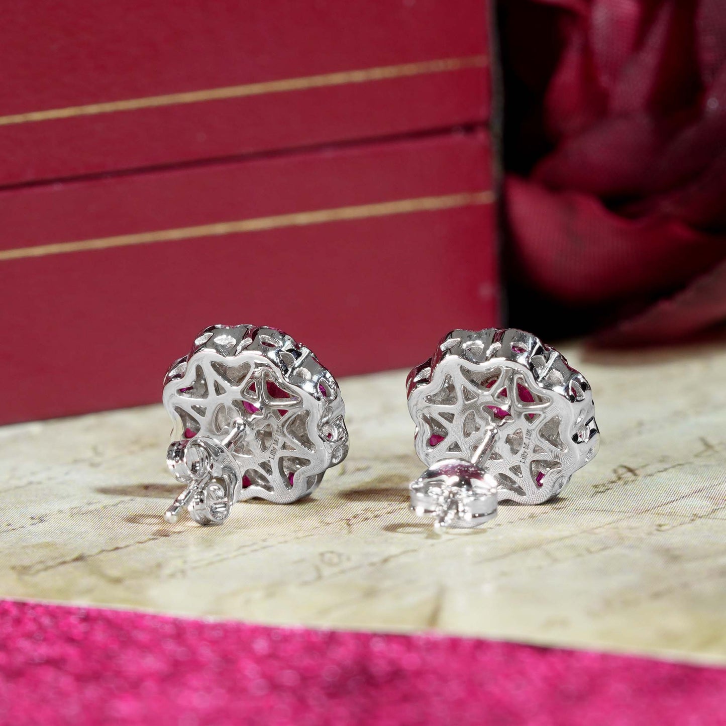 red pink ruby & diamond peony floral round diamond 14k white gold stud earrings