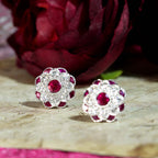 Red Pink Ruby & Diamond Peony Floral Round Diamond 14K White Gold Stud Earrings