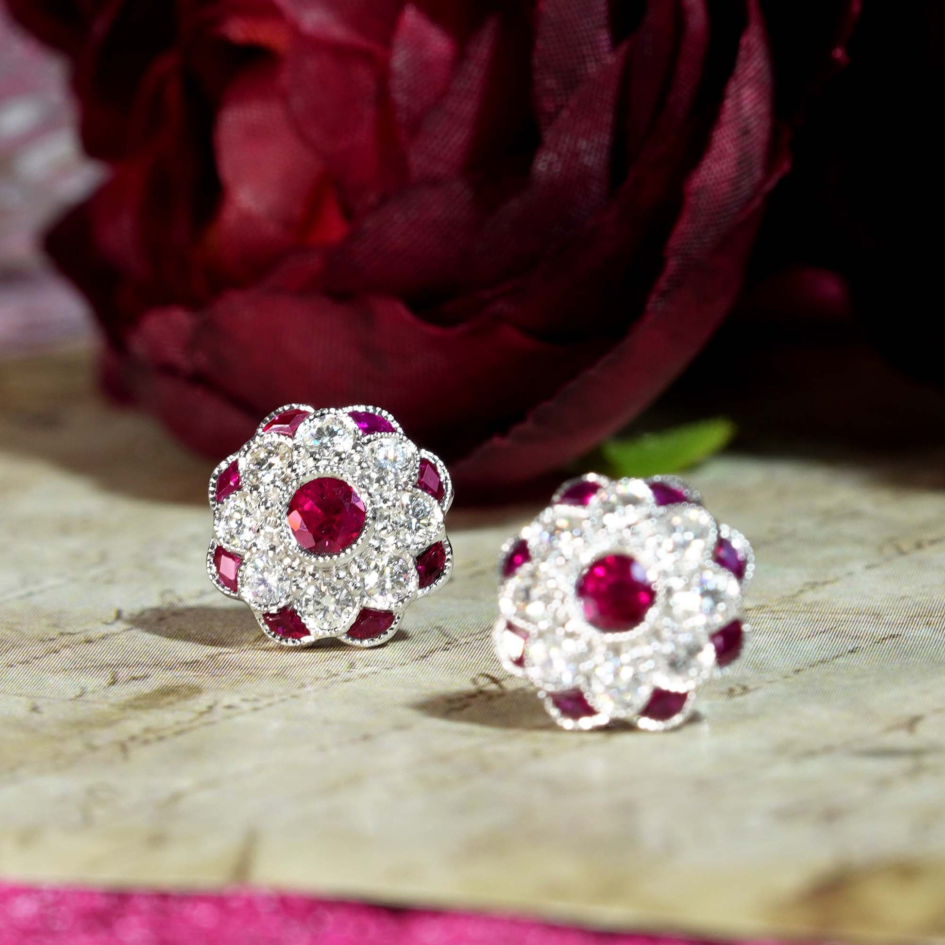 Red Pink Ruby & Diamond Peony Floral Round Diamond 14K White Gold Stud Earrings
