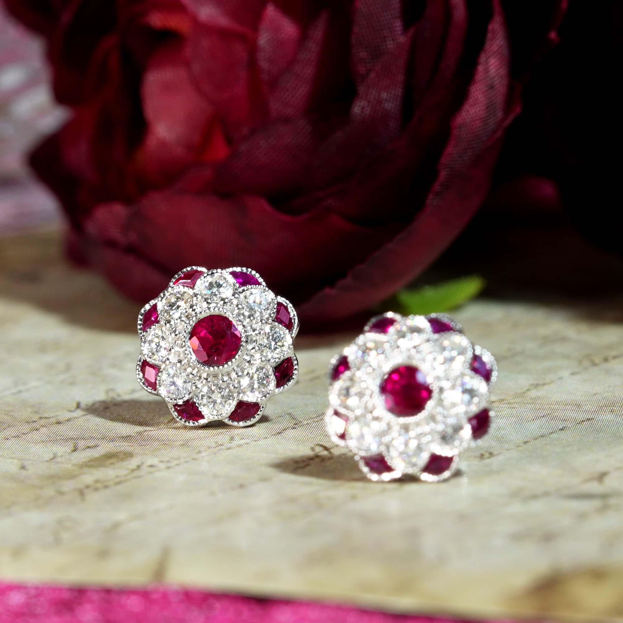 Red Pink Ruby &amp; Diamond Peony Floral Round Diamond 14K White Gold Stud Earrings