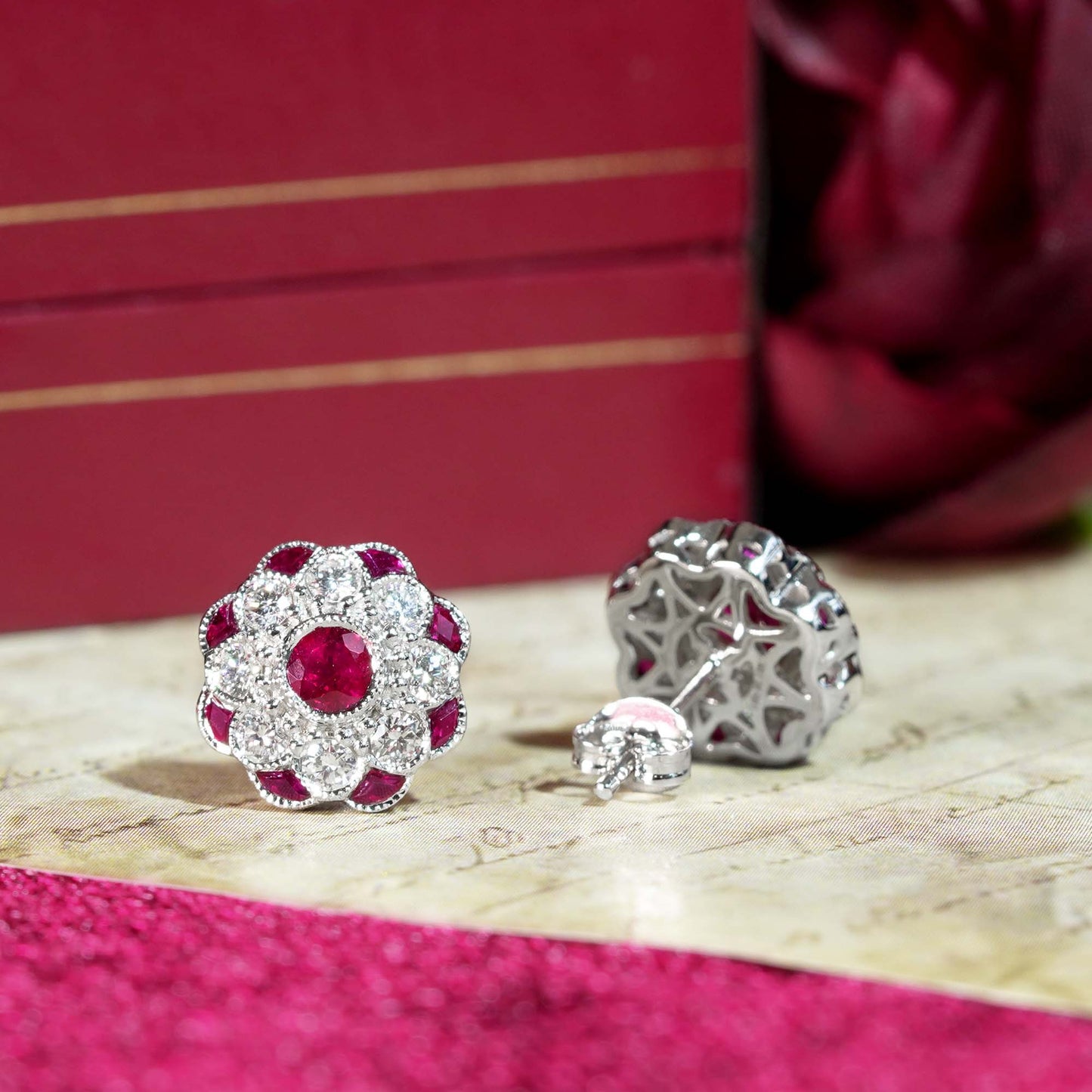 red pink ruby & diamond peony floral round diamond 14k white gold stud earrings