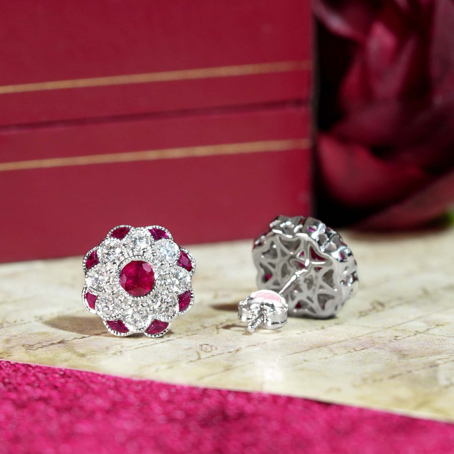 Red Pink Ruby &amp; Diamond Peony Floral Round Diamond 14K White Gold Stud Earrings