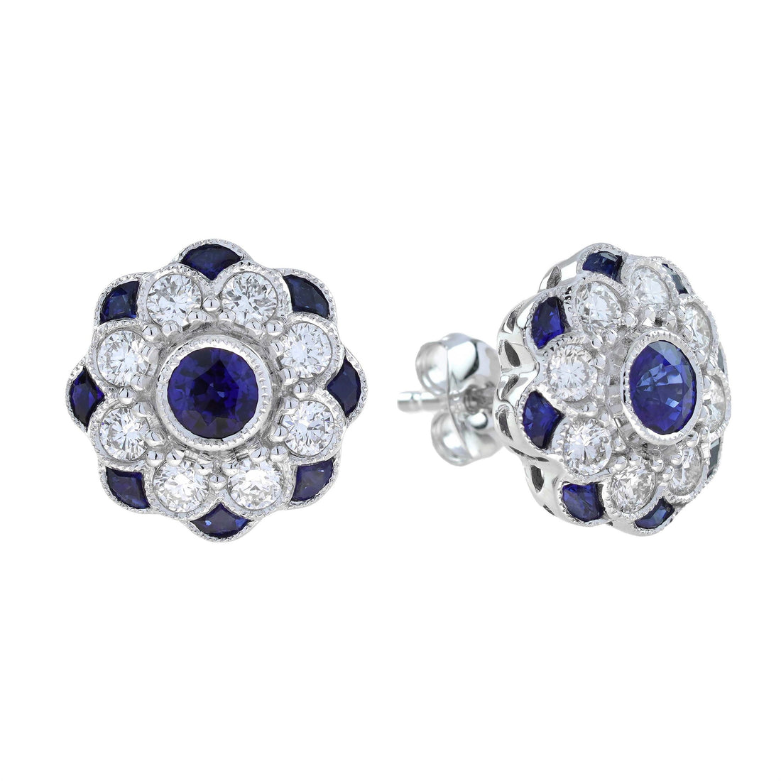 Sapphire &amp; Diamond Ring Stud Earrings Floral Flower White Gold Jewelry Set
