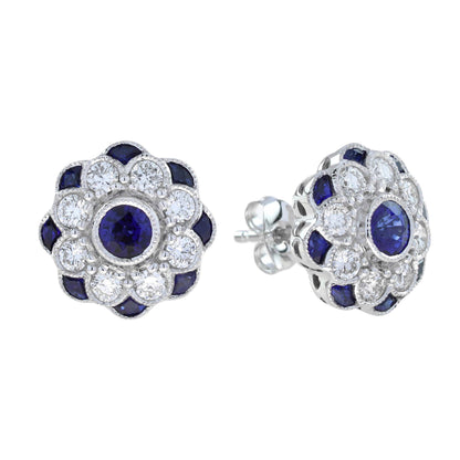 Sapphire &amp; Diamond Ring Stud Earrings Floral Flower White Gold Jewelry Set