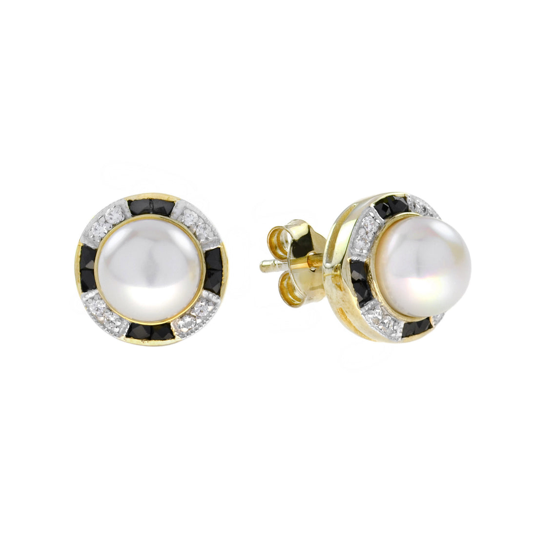 White Freshwater Pearl with Diamond &amp; Black Onyx Halo Set Stud 14K Gold Earrings