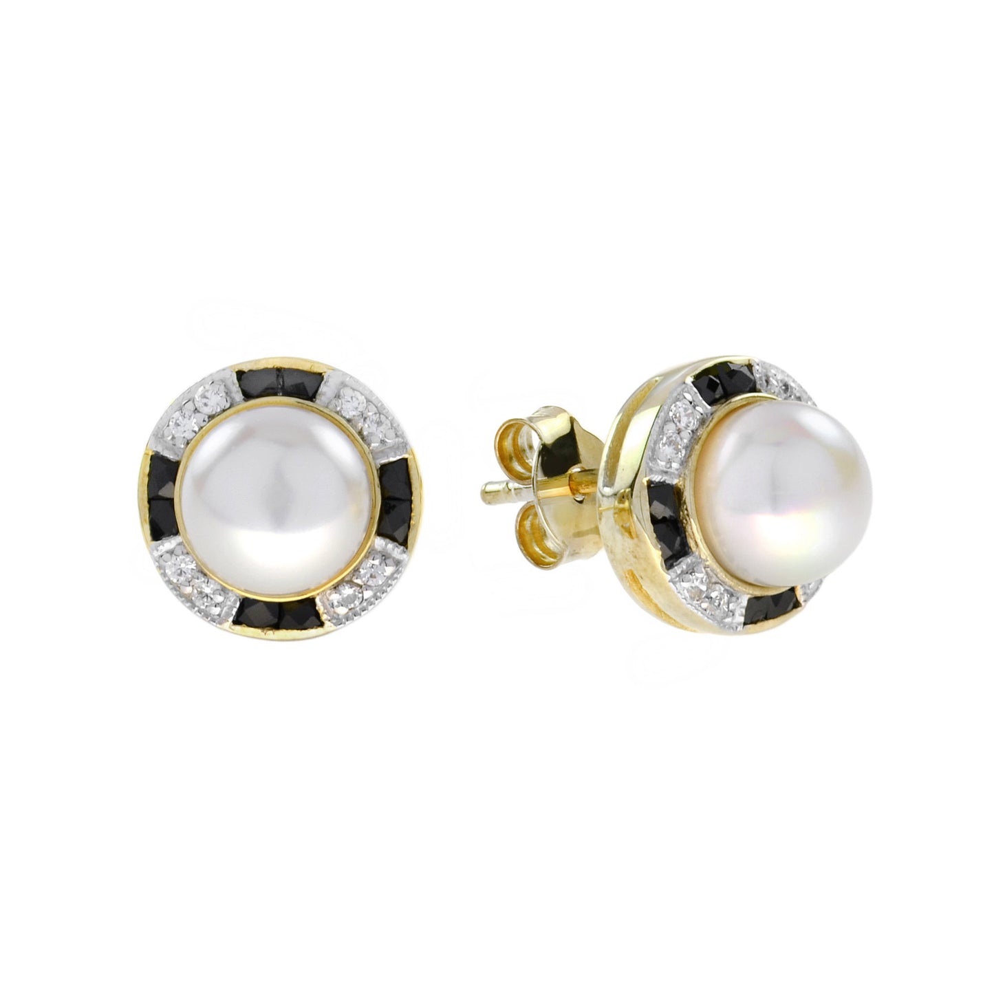 white freshwater pearl with diamond & black onyx halo set stud 14k gold earrings