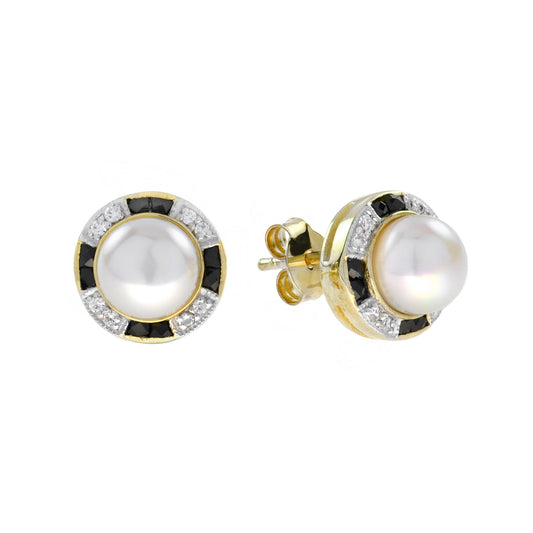 White Freshwater Pearl with Diamond & Black Onyx Halo Set Stud 14K Gold Earrings