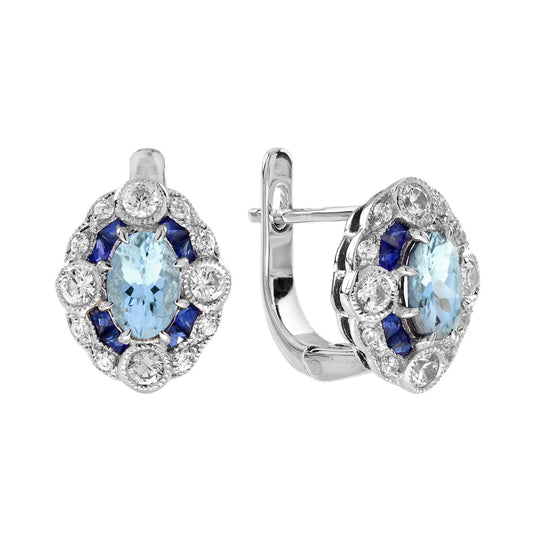 Blue Aquamarine & Sapphire Diamond Halo Art Deco Style White Gold Earrings