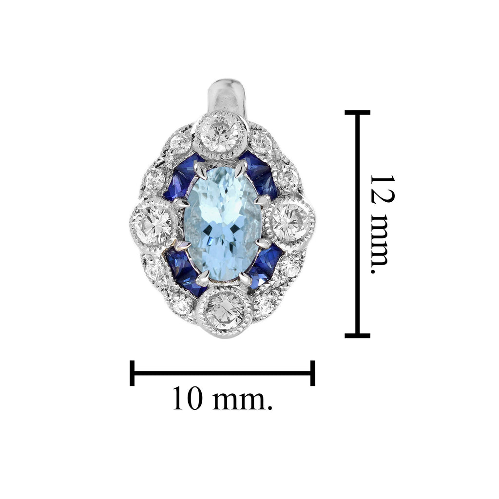 Blue Aquamarine & Sapphire Diamond Halo Art Deco Style White Gold Earrings