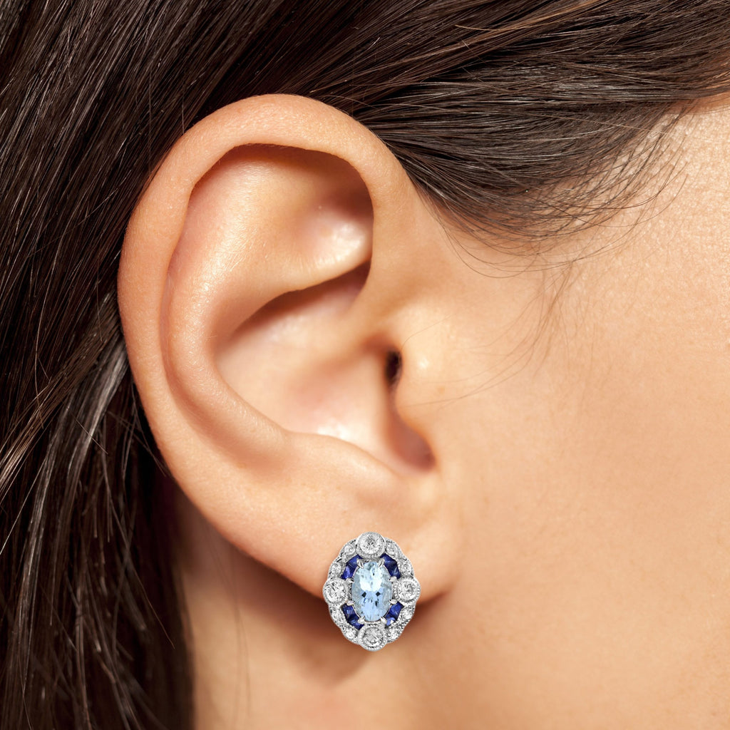 Blue Aquamarine & Sapphire Diamond Halo Art Deco Style White Gold Earrings