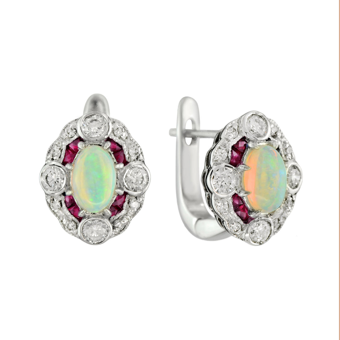 Ethiopian White Opal Ruby Diamond Art Deco Style Latch 14K White Gold Earrings