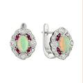 Ethiopian White Opal Ruby Diamond Art Deco Style Latch 14K White Gold Earrings