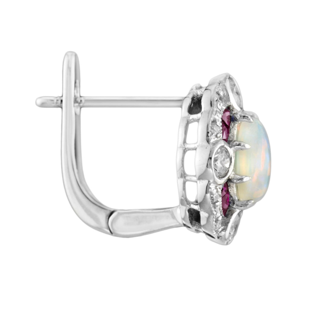 Ethiopian White Opal Ruby Diamond Art Deco Style Latch 14K White Gold Earrings