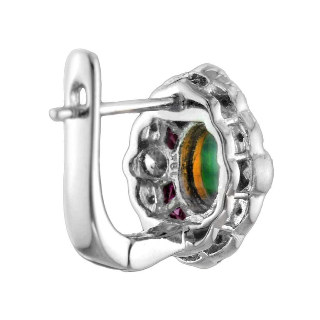 Ethiopian White Opal Ruby Diamond Art Deco Style Latch 14K White Gold Earrings