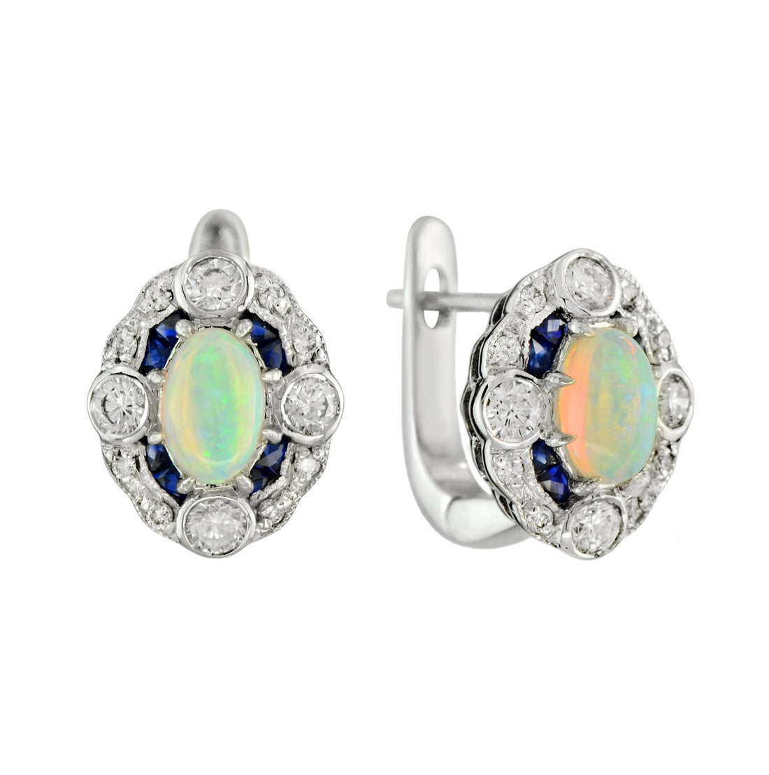 Oval Shape Opal with Diamond & Sapphire Accent Antique Style White Gold Earrings