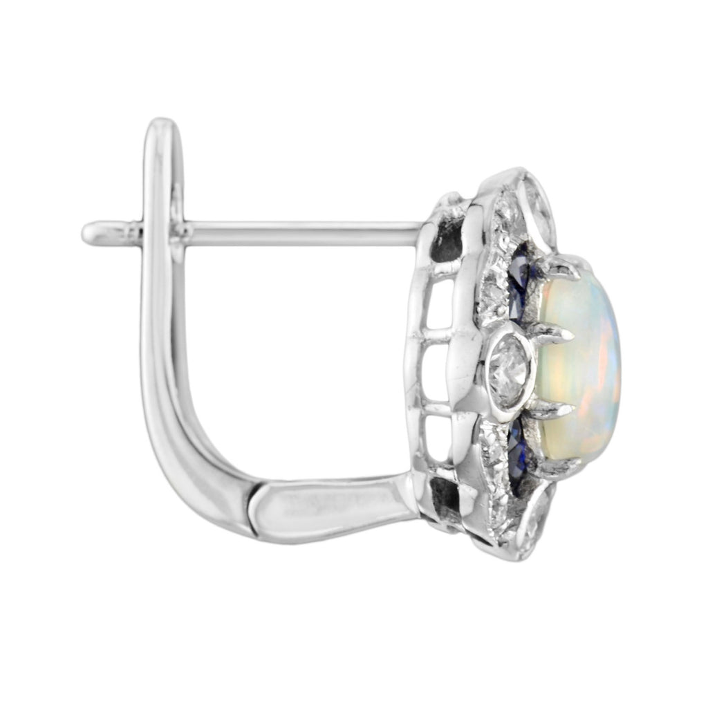 Oval Shape Opal with Diamond & Sapphire Accent Antique Style White Gold Earrings