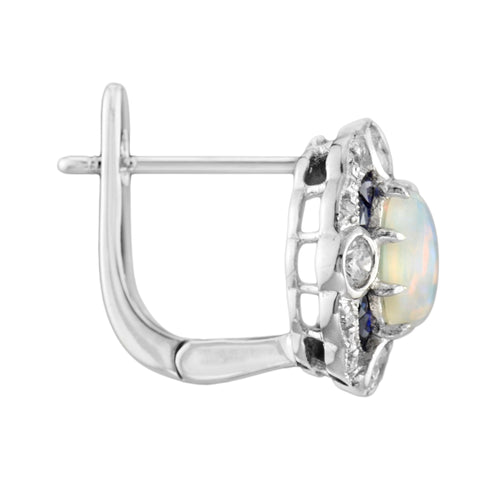 Oval Shape Opal with Diamond & Sapphire Accent Antique Style White Gold Earrings
