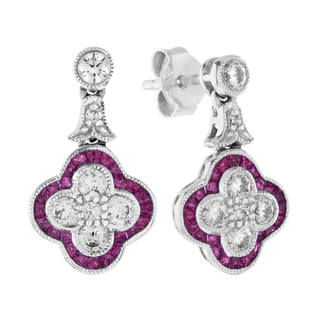 Diamond & Red Pink Ruby Art Deco Style Clover Cluster  18K White Gold Earrings