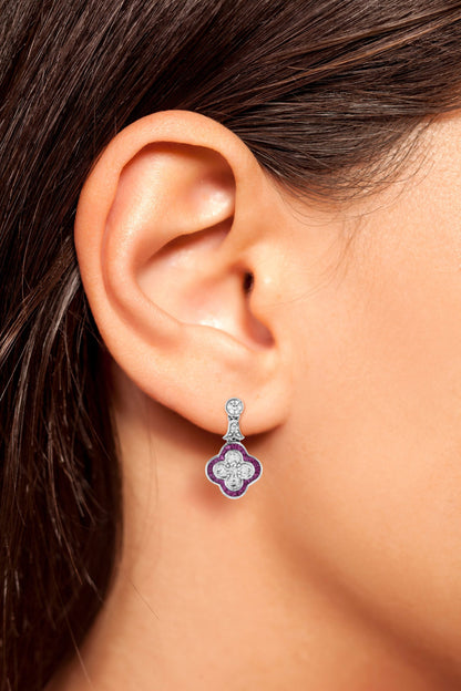 Diamond & Red Pink Ruby Art Deco Style Clover Cluster  18K White Gold Earrings
